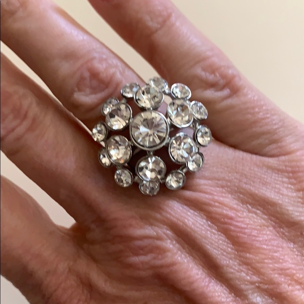 Silver Faux Diamond Circular Sunburst Ring Size 6